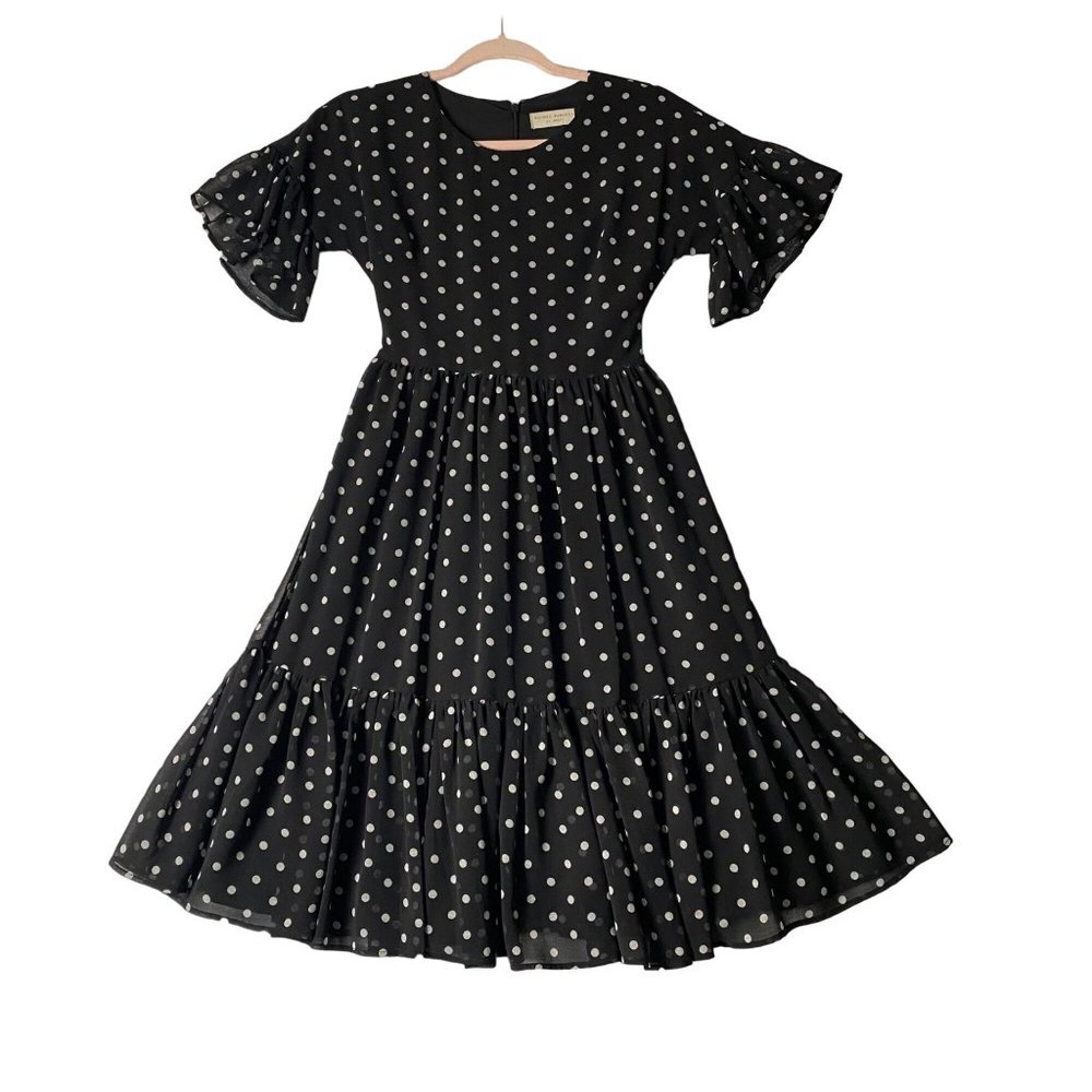 Rachel Parcell Dress Women XXS Black White Polka Dot Ruffled Sleeve Hem Lined